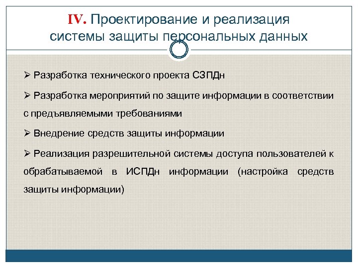 IV. Проектирование и реализация системы защиты персональных данных Разработка технического проекта СЗПДн Разработка мероприятий