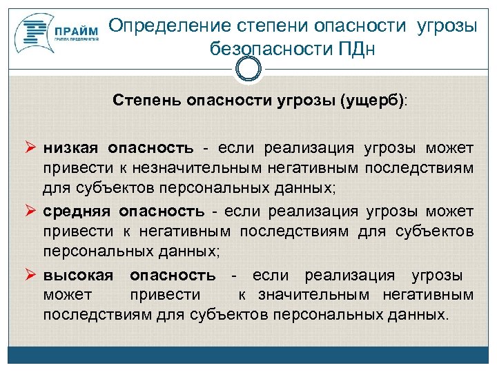 Определение степени опасности угрозы безопасности ПДн Степень опасности угрозы (ущерб): низкая опасность - если