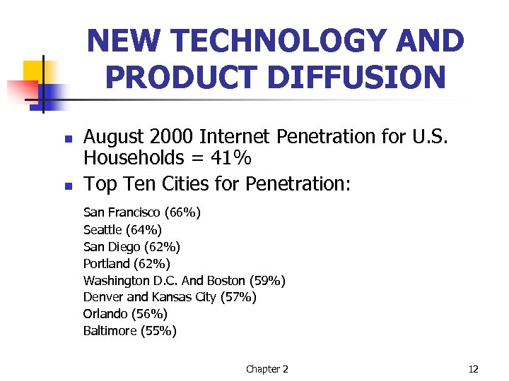 NEW TECHNOLOGY AND PRODUCT DIFFUSION n n August 2000 Internet Penetration for U. S.
