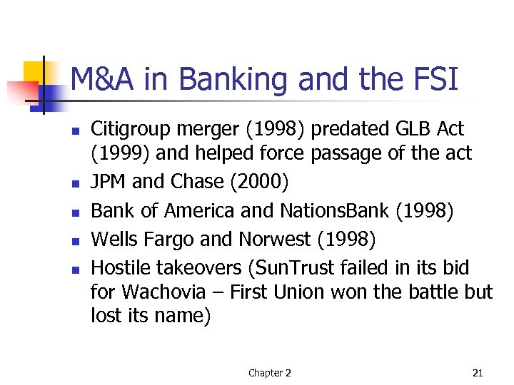 M&A in Banking and the FSI n n n Citigroup merger (1998) predated GLB