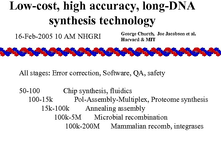 Low-cost, high accuracy, long-DNA synthesis technology 16 -Feb-2005 10 AM NHGRI George Church, Joe
