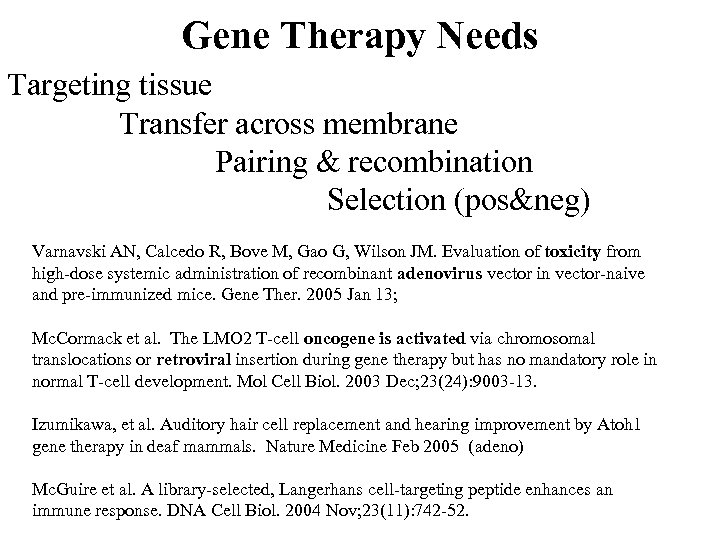 Gene Therapy Needs Targeting tissue Transfer across membrane Pairing & recombination Selection (pos&neg) Varnavski
