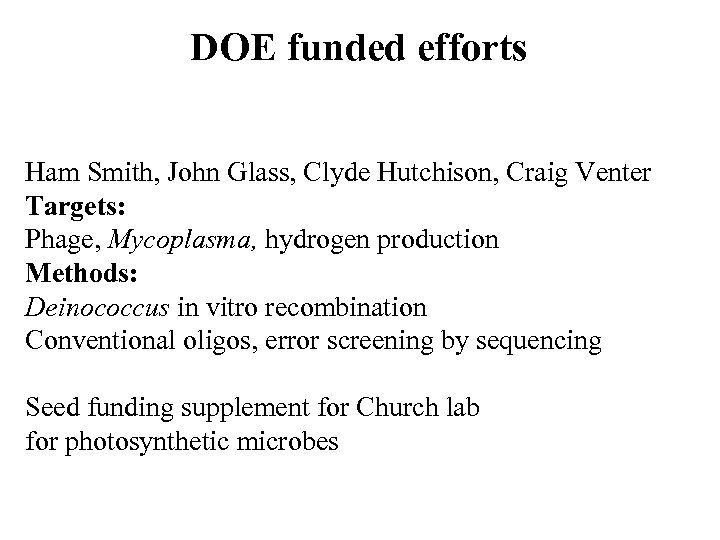 DOE funded efforts Ham Smith, John Glass, Clyde Hutchison, Craig Venter Targets: Phage, Mycoplasma,