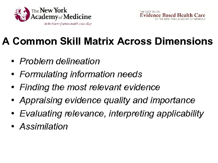 A Common Skill Matrix Across Dimensions • • • Problem delineation Formulating information needs