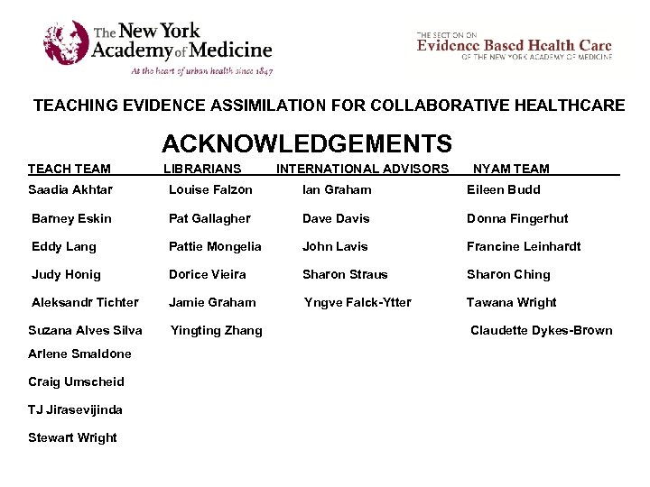 TEACHING EVIDENCE ASSIMILATION FOR COLLABORATIVE HEALTHCARE ACKNOWLEDGEMENTS TEACH TEAM LIBRARIANS INTERNATIONAL ADVISORS NYAM TEAM