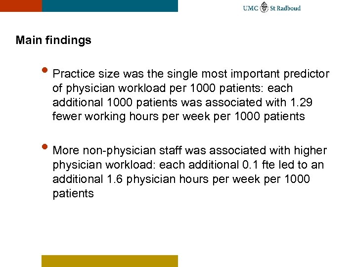 Main findings • Practice size was the single most important predictor of physician workload