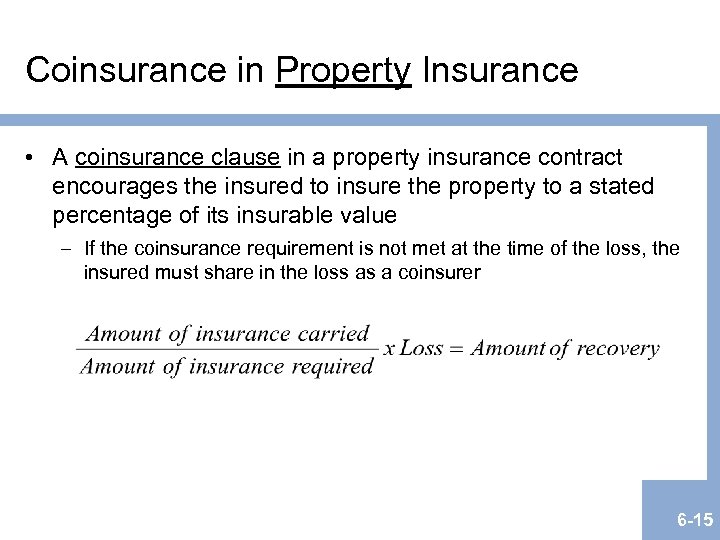 Coinsurance in Property Insurance • A coinsurance clause in a property insurance contract encourages