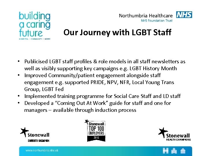 Our Journey with LGBT Staff • Publicised LGBT staff profiles & role models in