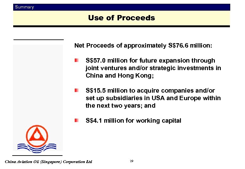 Summary Use of Proceeds Net Proceeds of approximately S$76. 6 million: S$57. 0 million