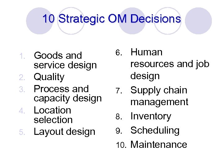 10 Strategic OM Decisions 1. 2. 3. 4. 5. Goods and service design Quality