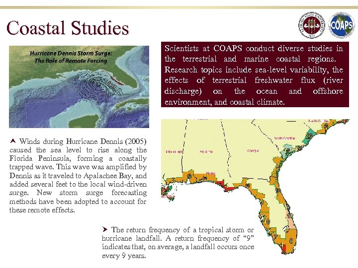 Coastal Studies Scientists at COAPS conduct diverse studies in the terrestrial and marine coastal
