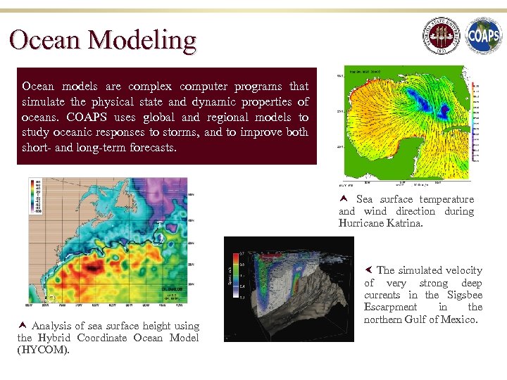 Ocean Modeling Ocean models are complex computer programs that simulate the physical state and