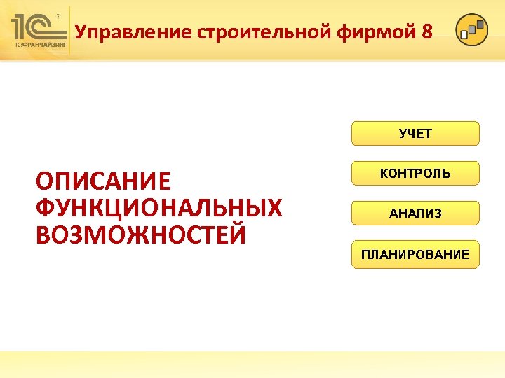 Управление строительной фирмой 8 УЧЕТ ОПИСАНИЕ ФУНКЦИОНАЛЬНЫХ ВОЗМОЖНОСТЕЙ КОНТРОЛЬ АНАЛИЗ ПЛАНИРОВАНИЕ 