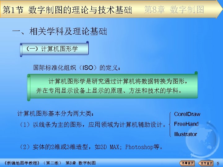 第 1节 数字制图的理论与技术基础 第 8章 数字制图 一、相关学科及理论基础 （一）计算机图形学 国际标准化组织（ISO）的定义： 计算机图形学是研究通过计算机将数据转换为图形， 并在专用显示设备上显示的原理、方法和技术的学科。 计算机图形基本分为两大类： Corel. Draw