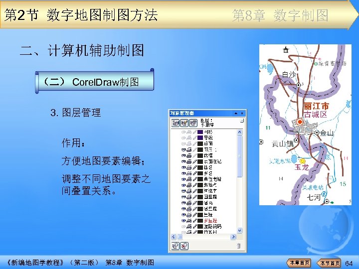 第 2节 数字地图制图方法 第 8章 数字制图 二、计算机辅助制图 （二） Corel. Draw制图 3. 图层管理 作用： 方便地图要素编辑；
