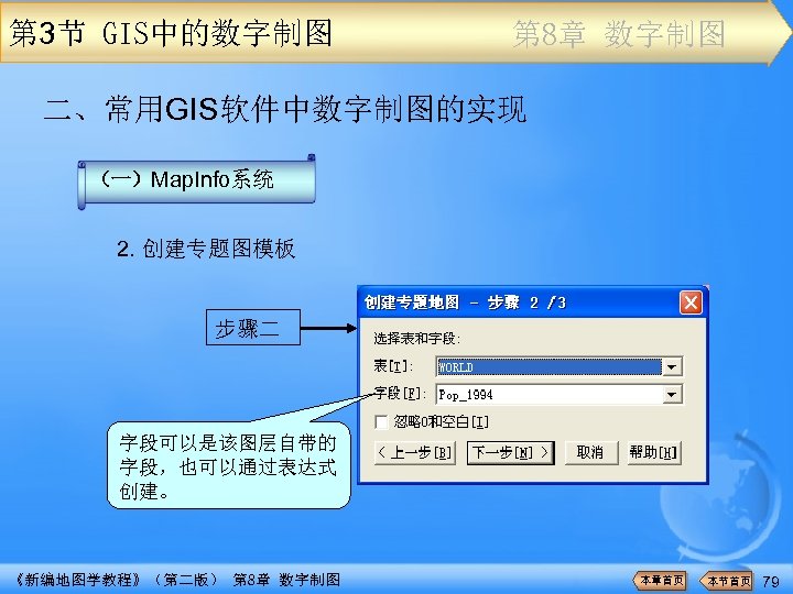 第 3节 GIS中的数字制图 第 8章 数字制图 二、常用GIS软件中数字制图的实现 （一）Map. Info系统 2. 创建专题图模板 步骤二 字段可以是该图层自带的 字段，也可以通过表达式