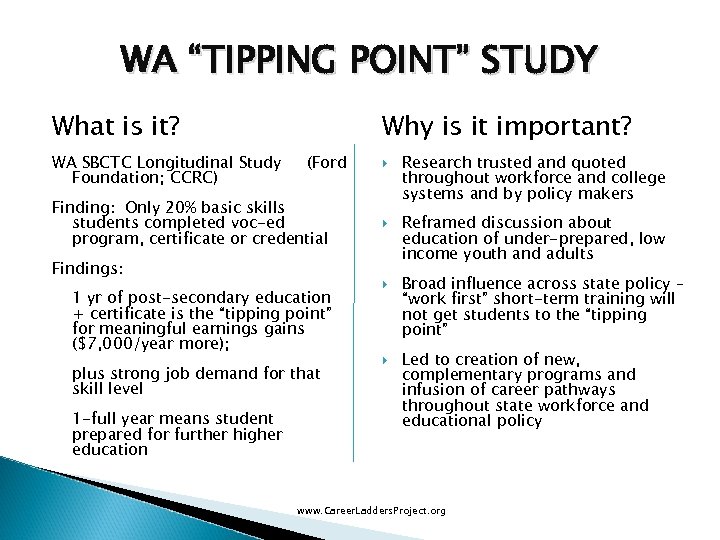 WA “TIPPING POINT” STUDY What is it? WA SBCTC Longitudinal Study Foundation; CCRC) Why