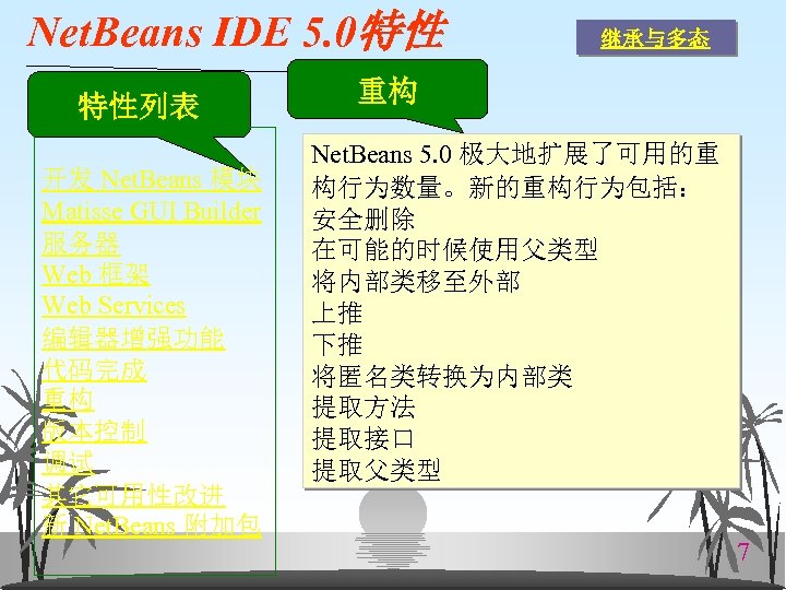 Net. Beans IDE 5. 0特性 特性列表 开发 Net. Beans 模块 Matisse GUI Builder 服务器