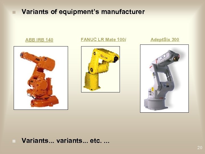 n Variants of equipment’s manufacturer ABB IRB 140 n FANUC LR Mate 100 i