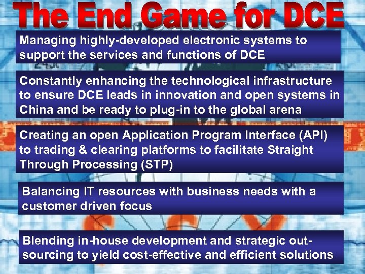 Managing highly-developed electronic systems to support the services and functions of DCE Constantly enhancing