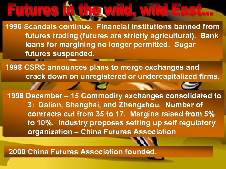 1996 Scandals continue. Financial institutions banned from futures trading (futures are strictly agricultural). Bank