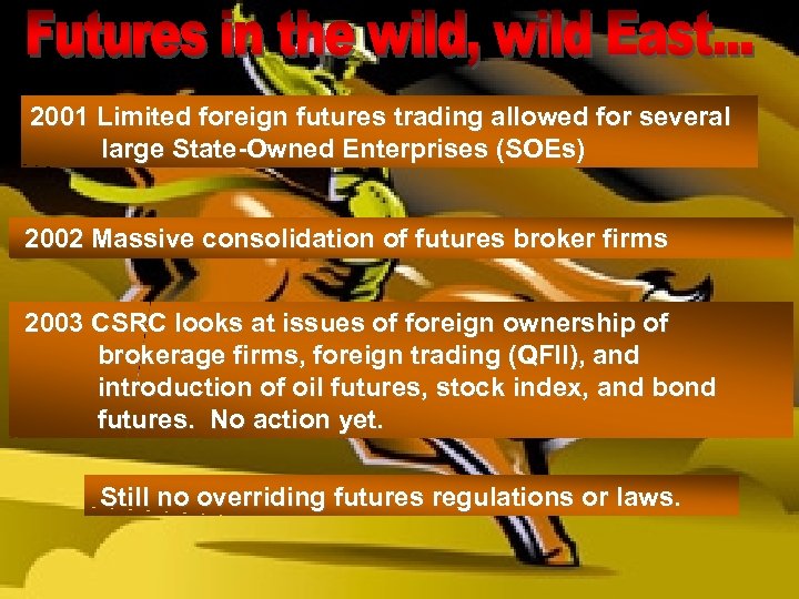 2001 Limited foreign futures trading allowed for several large State-Owned Enterprises (SOEs) 2002 Massive