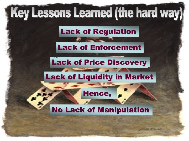 Lack of Regulation Lack of Enforcement Lack of Price Discovery Lack of Liquidity in