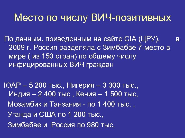 Место по числу ВИЧ-позитивных По данным, приведенным на сайте CIA (ЦРУ), в 2009 г.