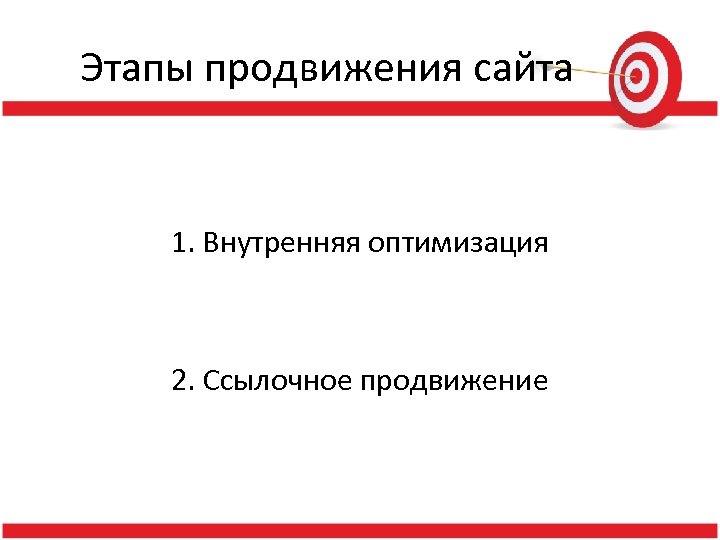 Этапы продвижения сайта 1. Внутренняя оптимизация 2. Ссылочное продвижение 