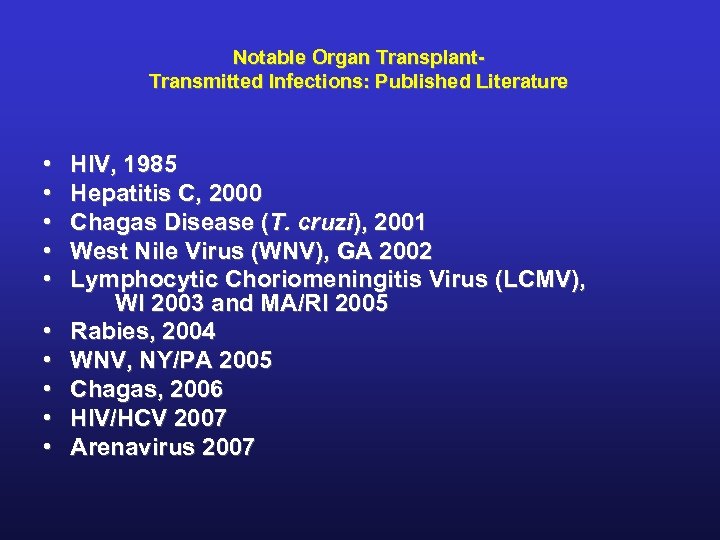 Notable Organ Transplant. Transmitted Infections: Published Literature • • • HIV, 1985 Hepatitis C,
