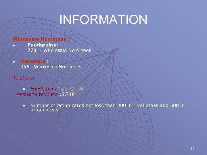 INFORMATION Wholesale Nominees : u Foodgrains: 270 - Wholesale Nominees u Kerosene : 355