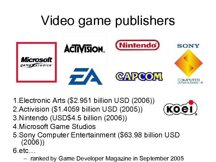 Video game publishers 1. Electronic Arts ($2. 951 billion USD (2006)) 2. Activision ($1.