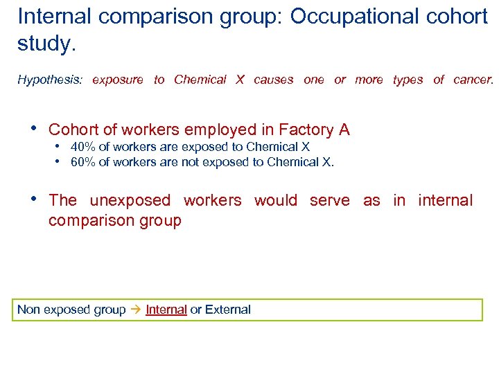 Internal comparison group: Occupational cohort study. Hypothesis: exposure to Chemical X causes one or