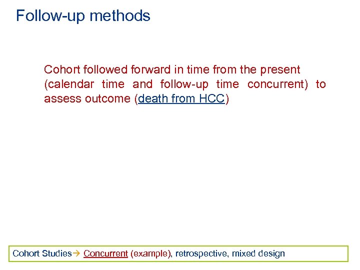 Follow-up methods Cohort followed forward in time from the present (calendar time and follow-up