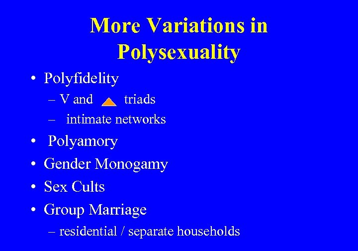 More Variations in Polysexuality • Polyfidelity – V and triads – intimate networks •