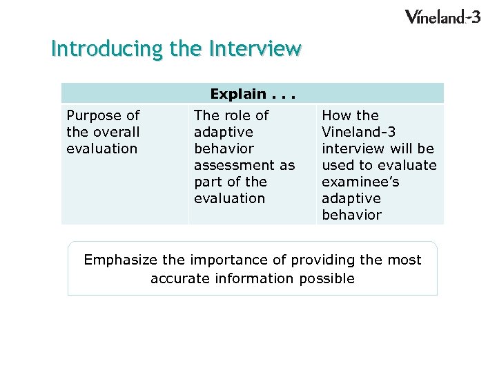 Introducing the Interview Explain. . . Purpose of the overall evaluation The role of