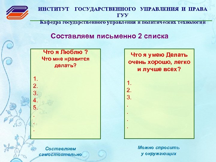 ИНСТИТУТ ГОСУДАРСТВЕННОГО УПРАВЛЕНИЯ И ПРАВА ГУУ Кафедра государственного управления и политических технологий Составляем письменно