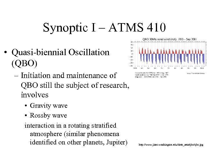Synoptic I – ATMS 410 • Quasi-biennial Oscillation (QBO) – Initiation and maintenance of