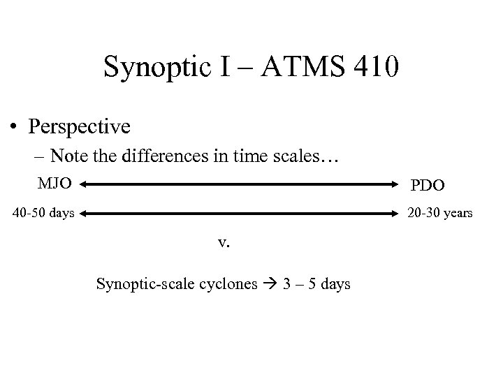 Synoptic I – ATMS 410 • Perspective – Note the differences in time scales…