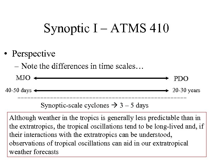 Synoptic I – ATMS 410 • Perspective – Note the differences in time scales…