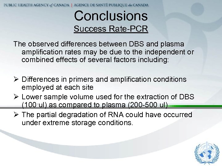 Conclusions Success Rate-PCR The observed differences between DBS and plasma amplification rates may be