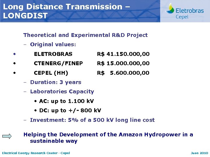 Long Distance Transmission – LONGDIST Theoretical and Experimental R&D Project – Original values: •