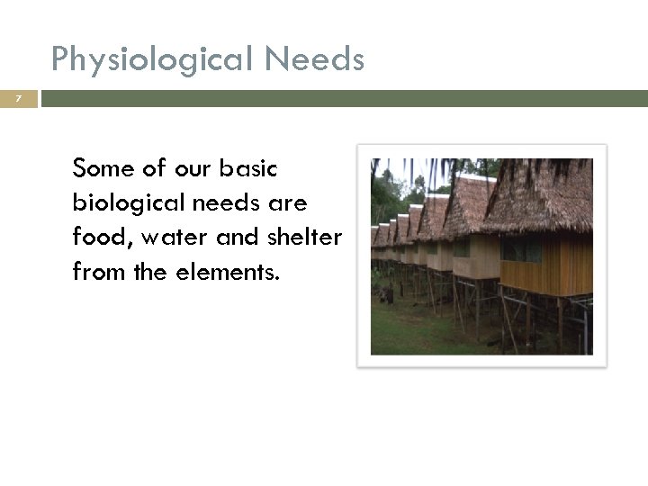 Physiological Needs 7 Some of our basic biological needs are food, water and shelter