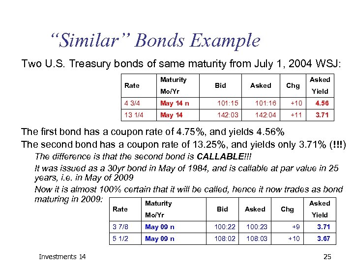 “Similar” Bonds Example Two U. S. Treasury bonds of same maturity from July 1,