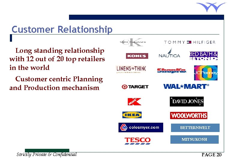 Customer Relationship ØLong standing relationship with 12 out of 20 top retailers in the
