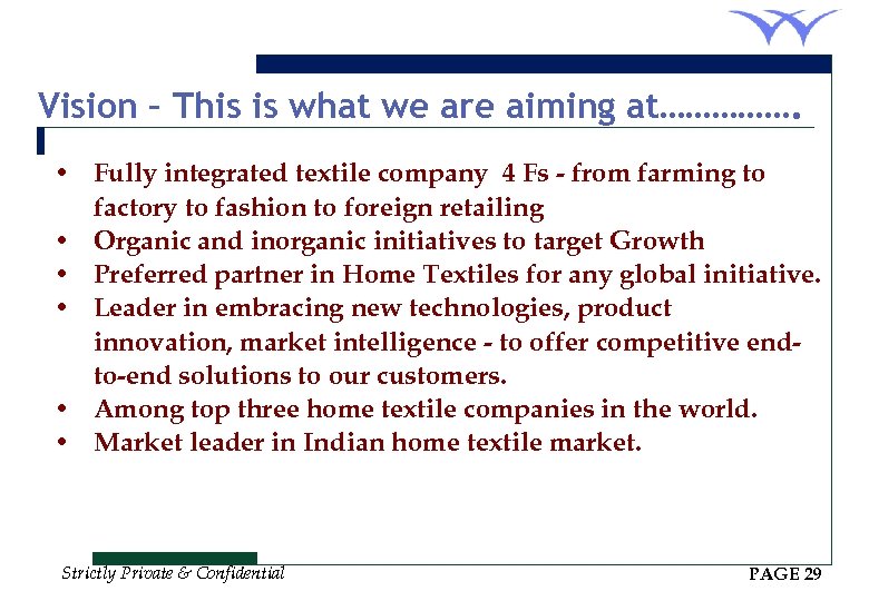 Vision – This is what we are aiming at……………. • Fully integrated textile company