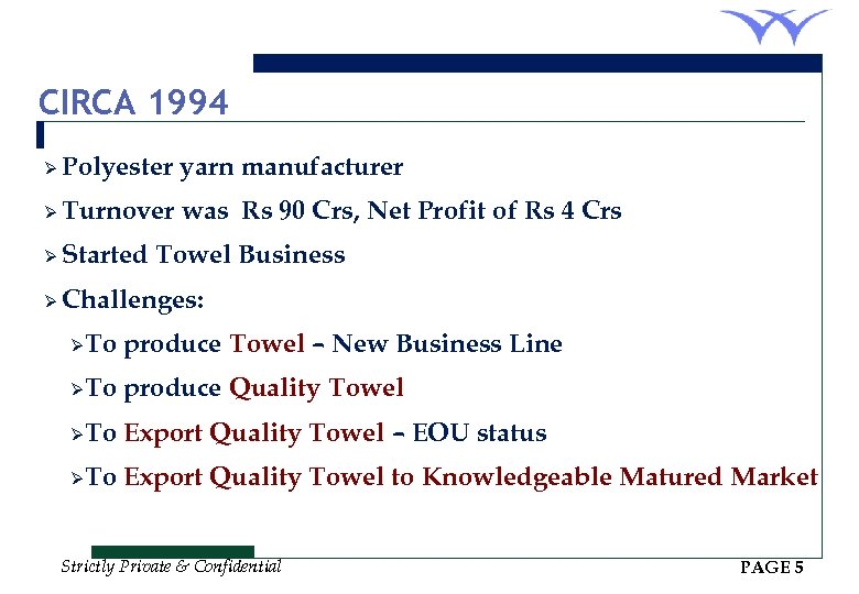 CIRCA 1994 Ø Polyester yarn manufacturer Ø Turnover was Rs 90 Crs, Net Profit