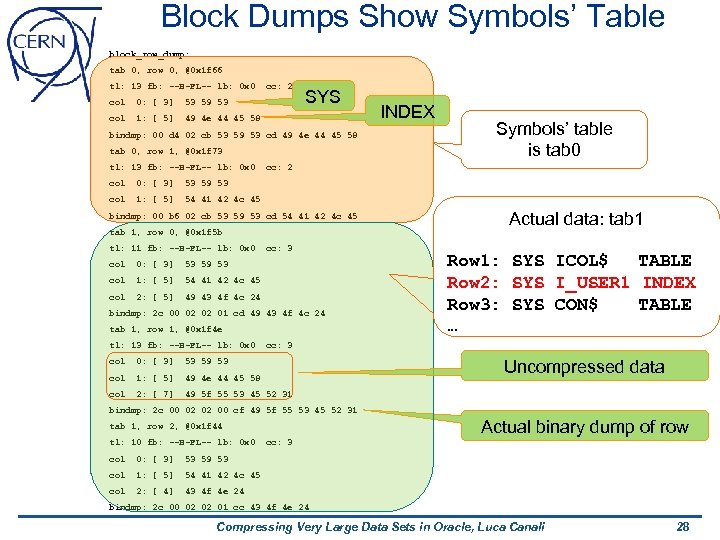 Block Dumps Show Symbols’ Table block_row_dump: tab 0, row 0, @0 x 1 f