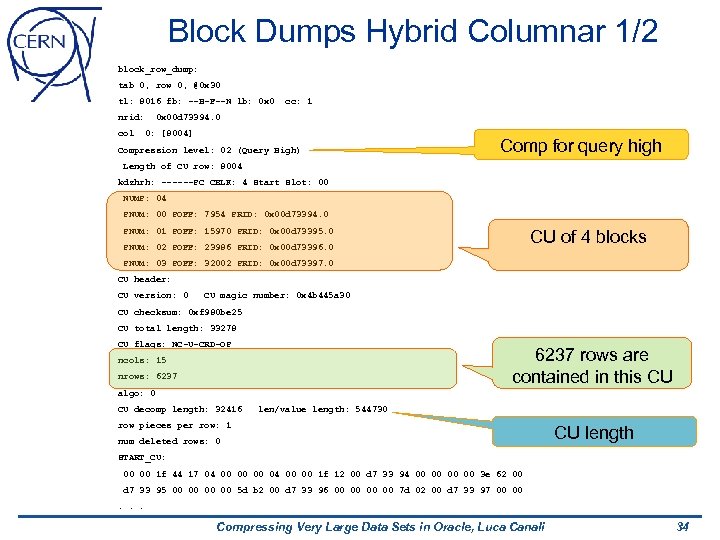 Block Dumps Hybrid Columnar 1/2 block_row_dump: tab 0, row 0, @0 x 30 tl:
