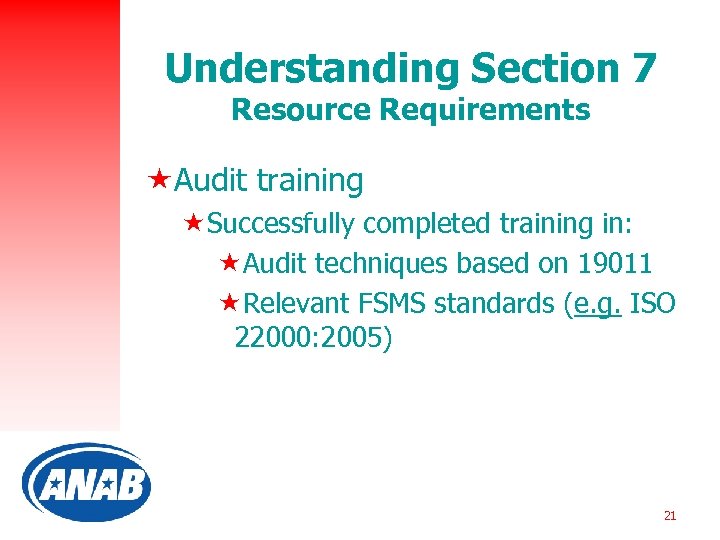Understanding Section 7 Resource Requirements «Audit training «Successfully completed training in: «Audit techniques based